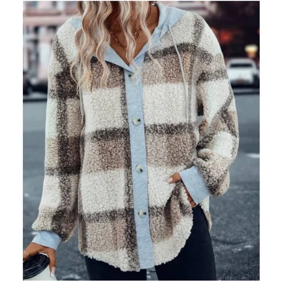 012 Cozy Plaid Print Button Down Teddy Jacket Shacket - Picture 2 of 7